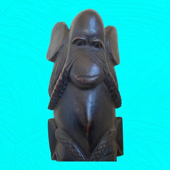 African Wooden Black Carved Mask Human And Monkey Faces 16” Vtg - Picture 3 of 6